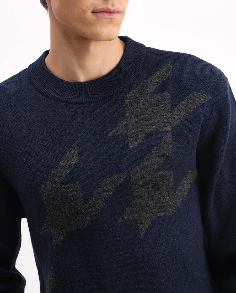 Rare Rabbit Men's Hond Navy Acrylic Abstract Print Regular Fit Full Sleeve Crew Neck Sweater