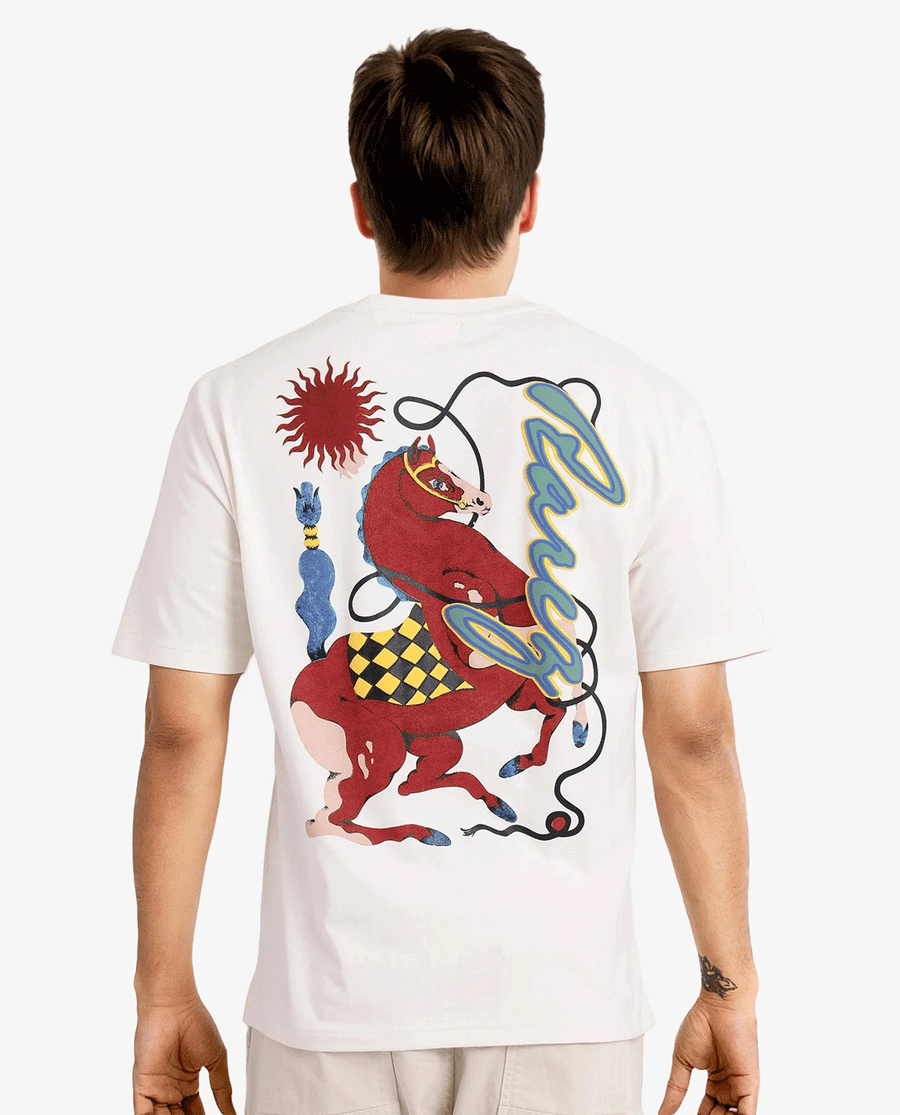 Rare Rabbit Men's Hord Off White Cotton Graphic Print Oversized Fit Half Sleeve Crew Neck T-Shirt