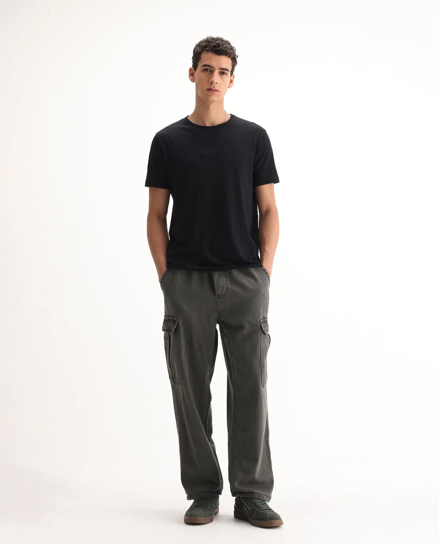 Rare Rabbit Men's Hork Dark Green Cotton Plain Baggy Fit Jeans