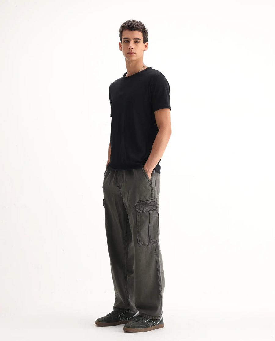 Rare Rabbit Men's Hork Dark Green Cotton Plain Baggy Fit Jeans