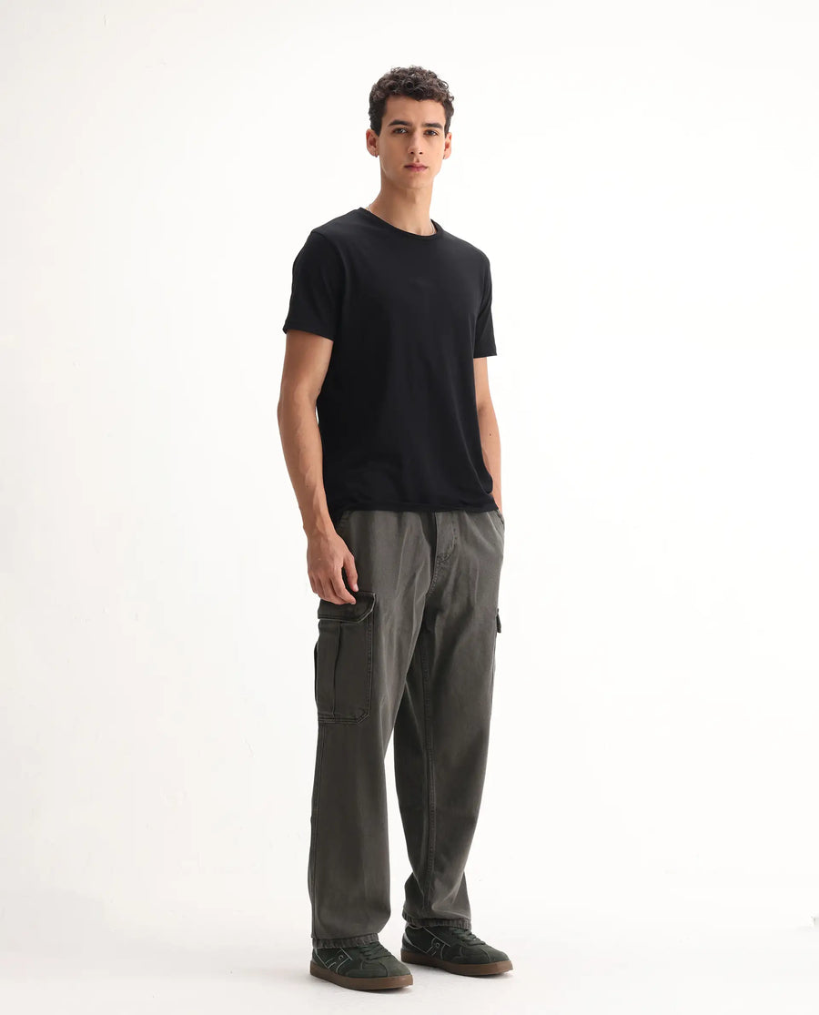Rare Rabbit Men's Hork Dark Green Cotton Plain Baggy Fit Jeans