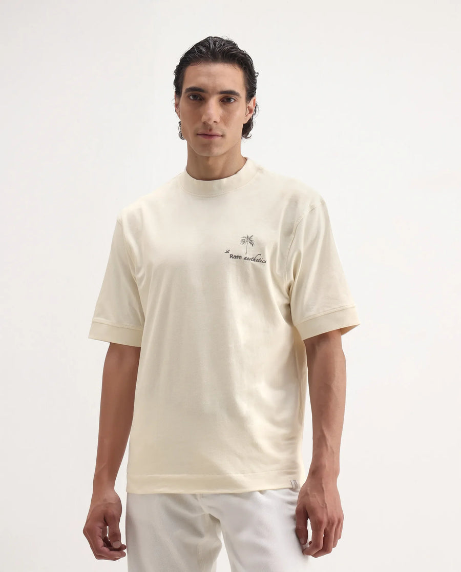 Rare Rabbit Men's Hyde Off White Cotton Embroidered Oversized Fit Half Sleeve Crew Neck T-Shirt