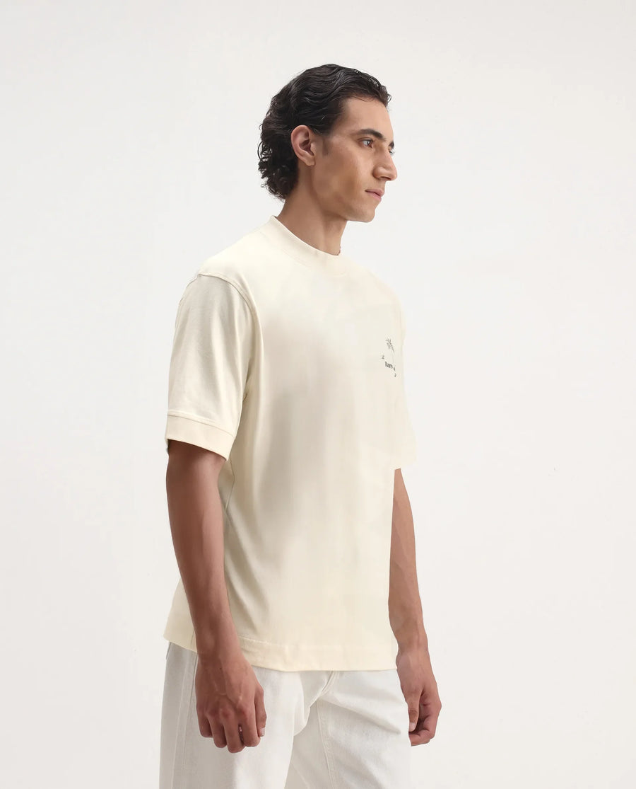 Rare Rabbit Men's Hyde Off White Cotton Embroidered Oversized Fit Half Sleeve Crew Neck T-Shirt