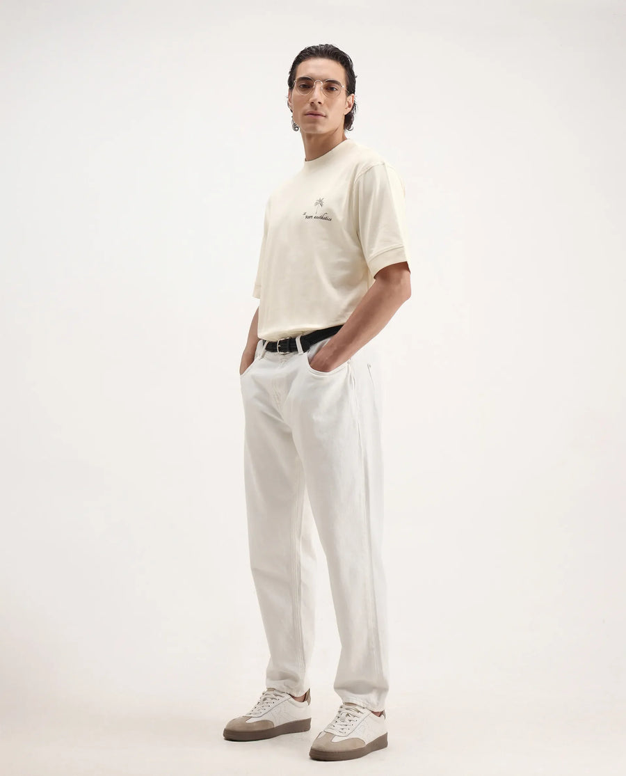 Rare Rabbit Men's Hyde Off White Cotton Embroidered Oversized Fit Half Sleeve Crew Neck T-Shirt