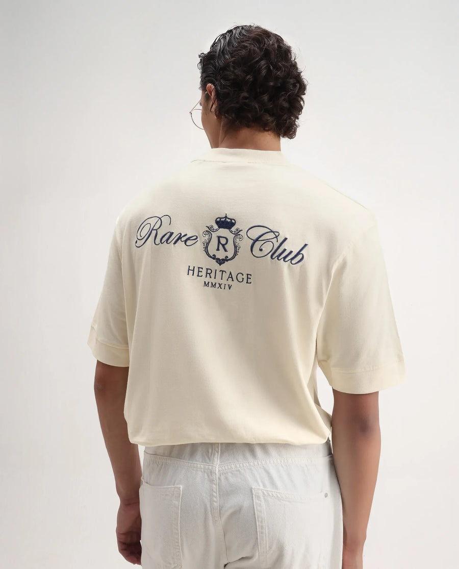 Rare Rabbit Men's Hyde Off White Cotton Embroidered Oversized Fit Half Sleeve Crew Neck T-Shirt