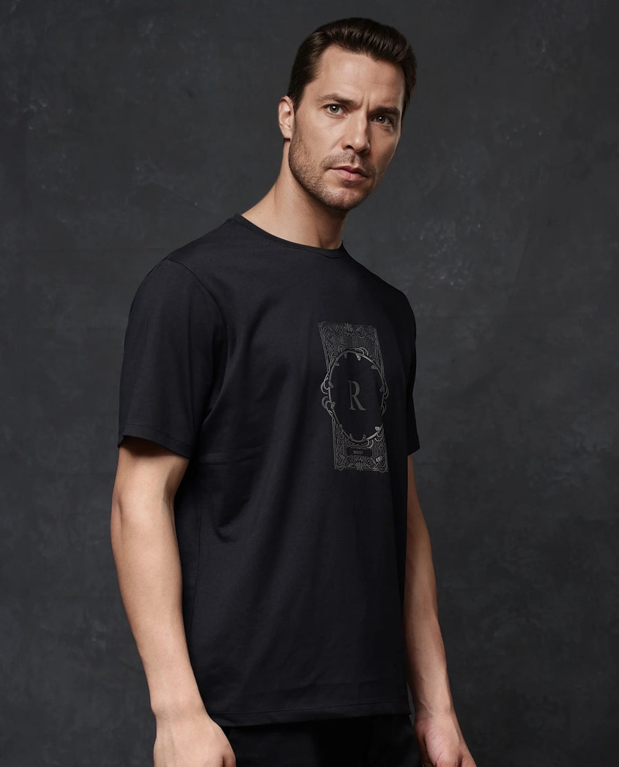 Rare Rabbit Men's Hype Black Cotton Blend Graphic Print Regular Fit Half Sleeve Crew Neck T-Shirt