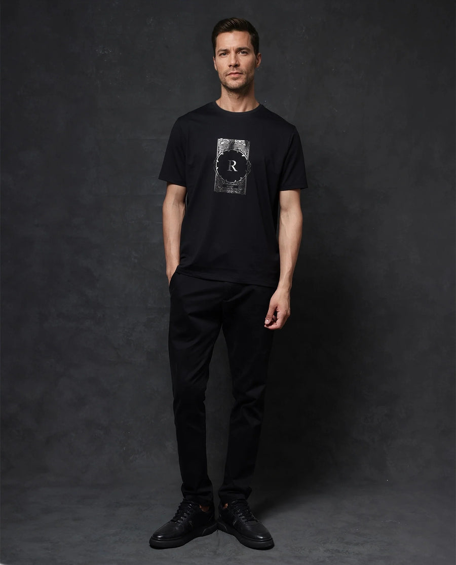 Rare Rabbit Men's Hype Black Cotton Blend Graphic Print Regular Fit Half Sleeve Crew Neck T-Shirt