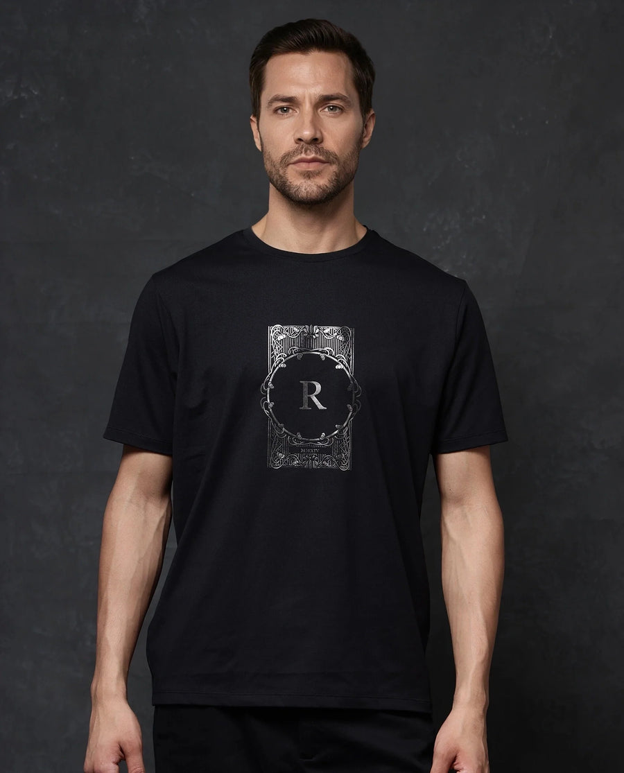 Rare Rabbit Men's Hype Black Cotton Blend Graphic Print Regular Fit Half Sleeve Crew Neck T-Shirt