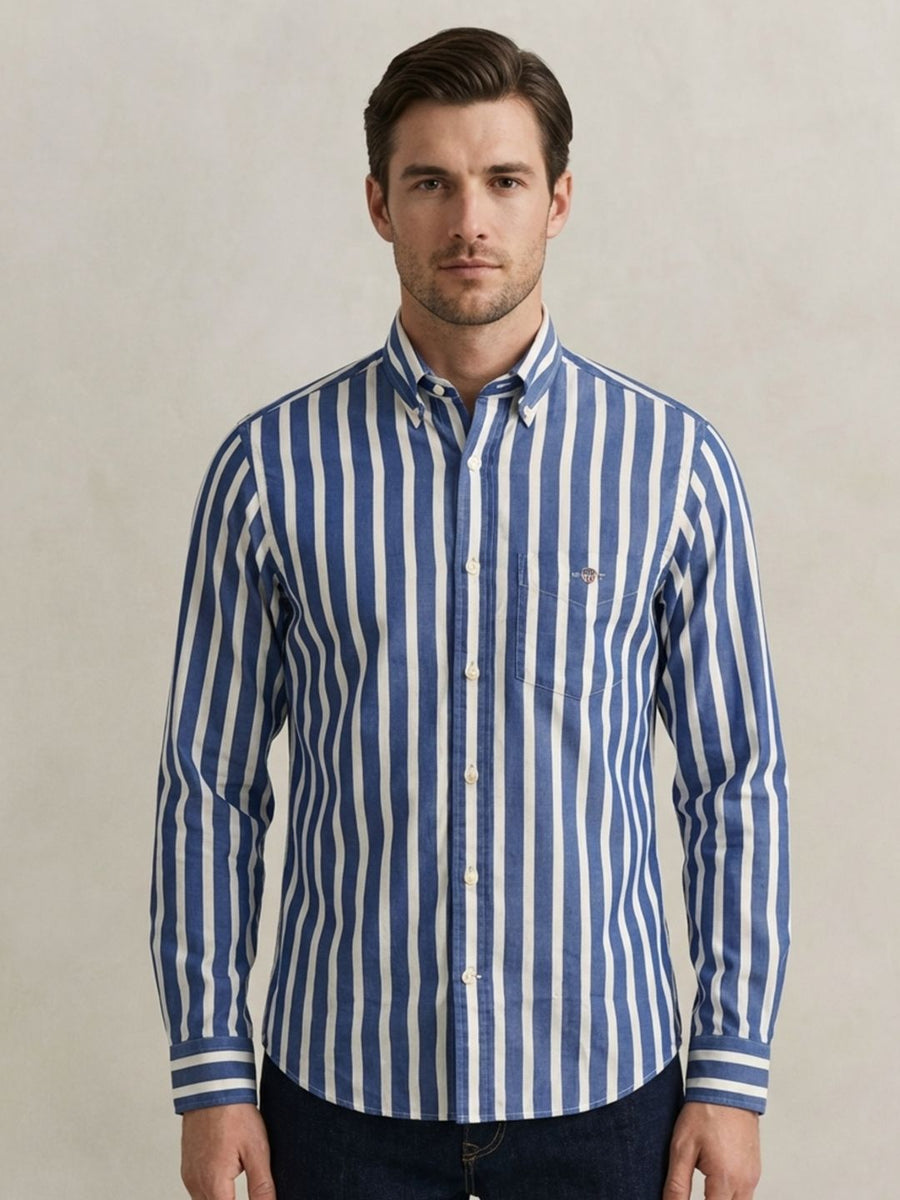 Gant Men Blue Striped Regular Fit Classic Poplin Shirt