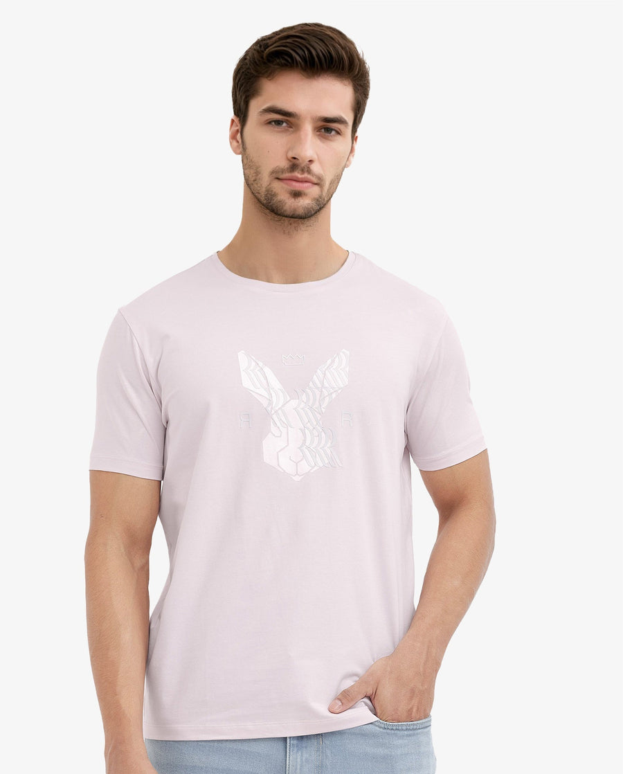 Rare Rabbit Men's Iced Pastel Pink Cotton Blend Graphic Print Regular Fit Half Sleeve Crew Neck T-Shirt