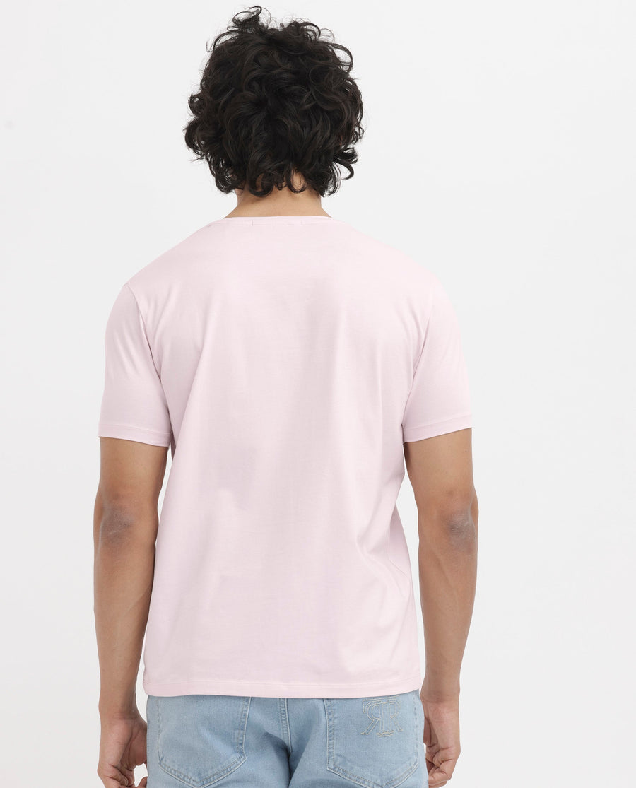 Rare Rabbit Men's Iced Pastel Pink Cotton Blend Graphic Print Regular Fit Half Sleeve Crew Neck T-Shirt