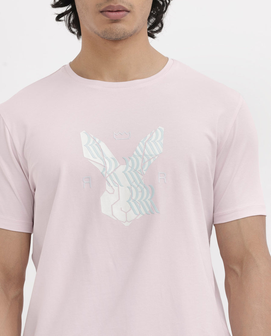Rare Rabbit Men's Iced Pastel Pink Cotton Blend Graphic Print Regular Fit Half Sleeve Crew Neck T-Shirt