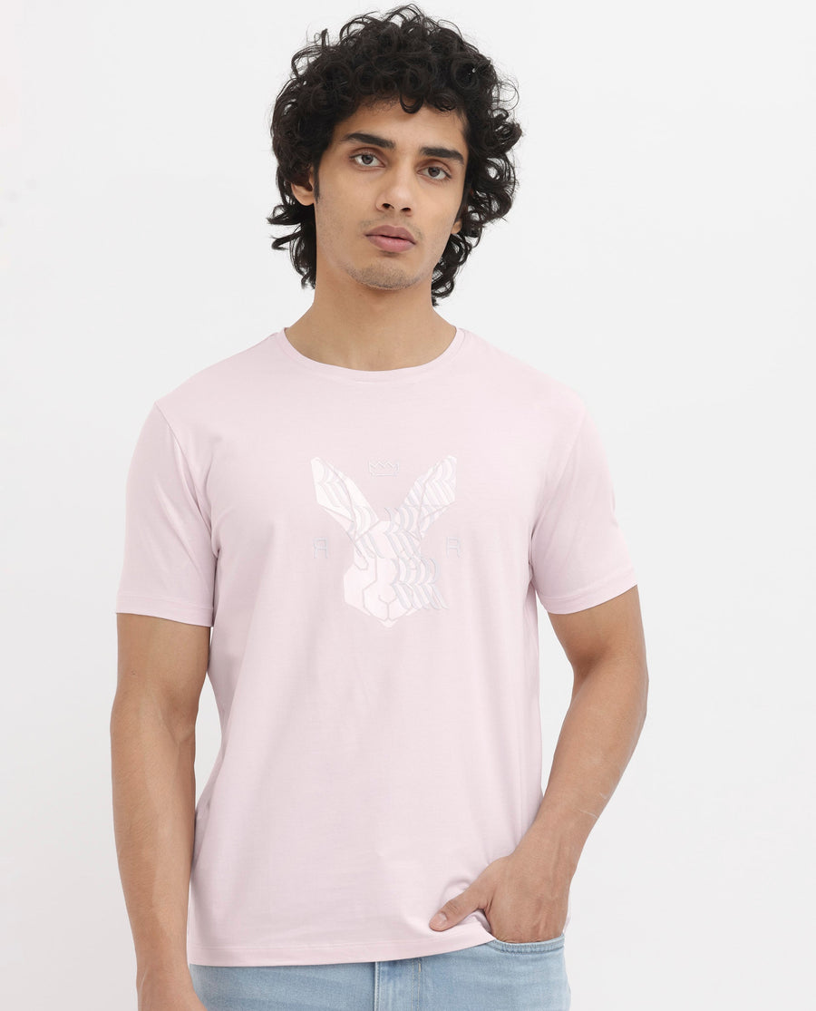Rare Rabbit Men's Iced Pastel Pink Cotton Blend Graphic Print Regular Fit Half Sleeve Crew Neck T-Shirt