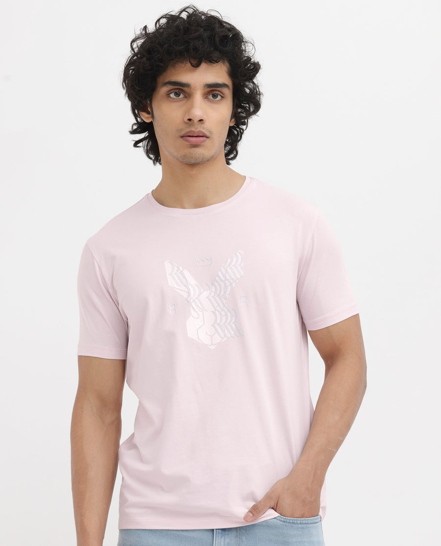 Rare Rabbit Men's Iced Pastel Pink Cotton Blend Graphic Print Regular Fit Half Sleeve Crew Neck T-Shirt