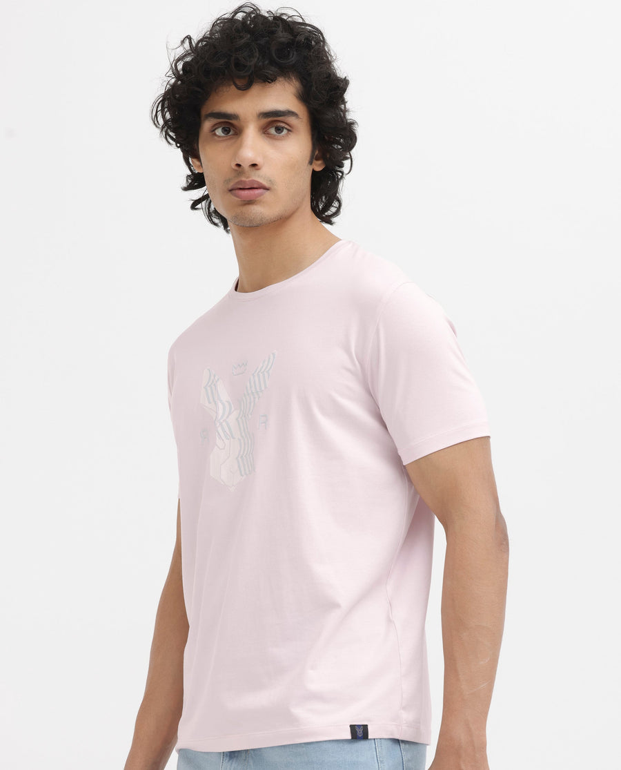 Rare Rabbit Men's Iced Pastel Pink Cotton Blend Graphic Print Regular Fit Half Sleeve Crew Neck T-Shirt