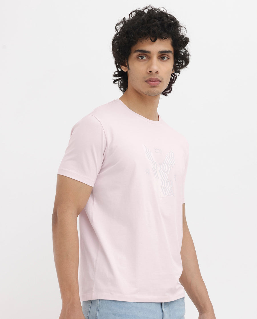 Rare Rabbit Men's Iced Pastel Pink Cotton Blend Graphic Print Regular Fit Half Sleeve Crew Neck T-Shirt