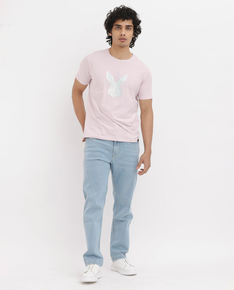Rare Rabbit Men's Iced Pastel Pink Cotton Blend Graphic Print Regular Fit Half Sleeve Crew Neck T-Shirt