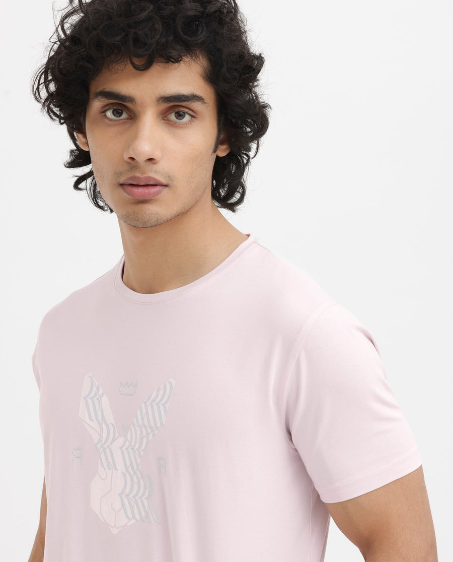 Rare Rabbit Men's Iced Pastel Pink Cotton Blend Graphic Print Regular Fit Half Sleeve Crew Neck T-Shirt