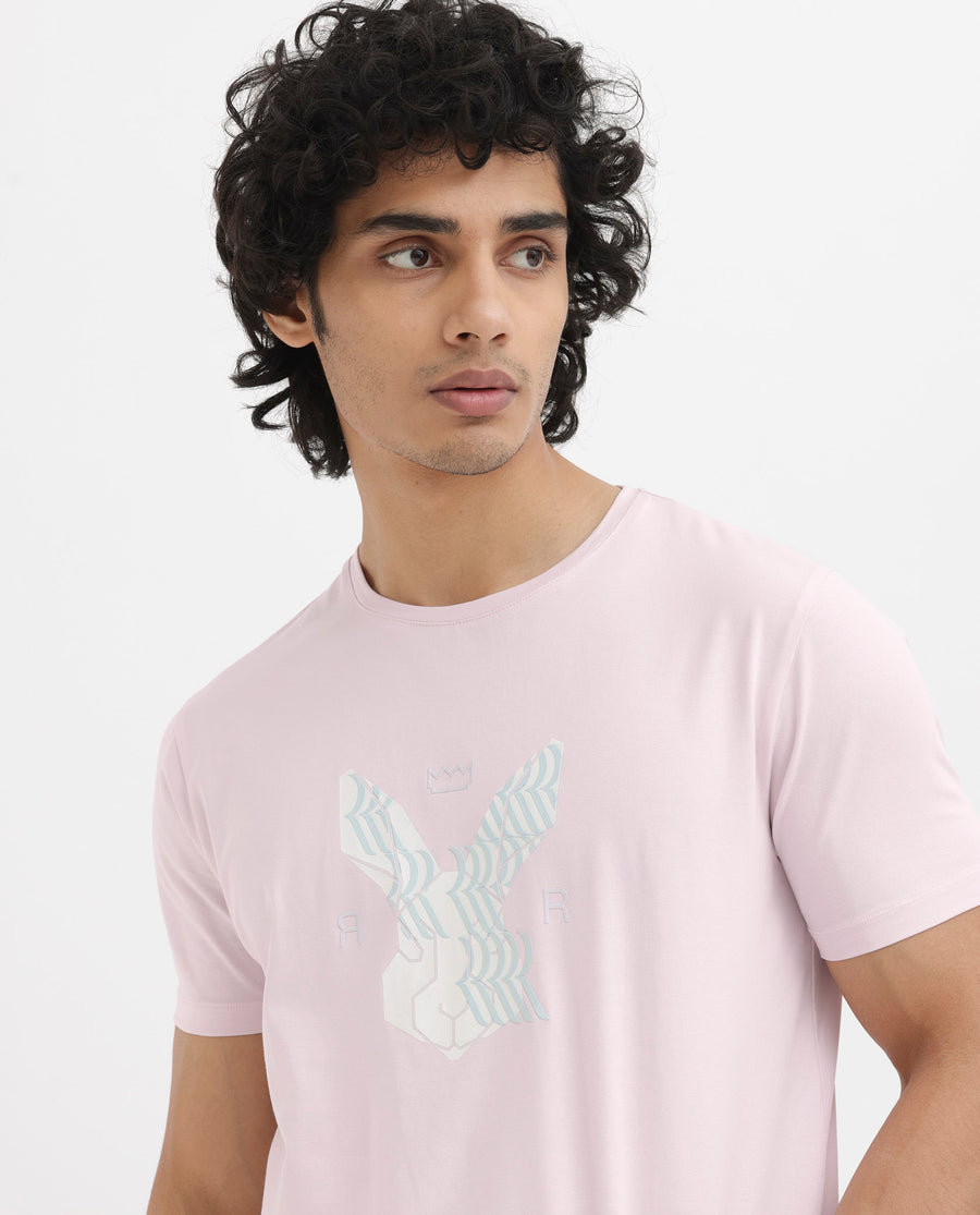 Rare Rabbit Men's Iced Pastel Pink Cotton Blend Graphic Print Regular Fit Half Sleeve Crew Neck T-Shirt