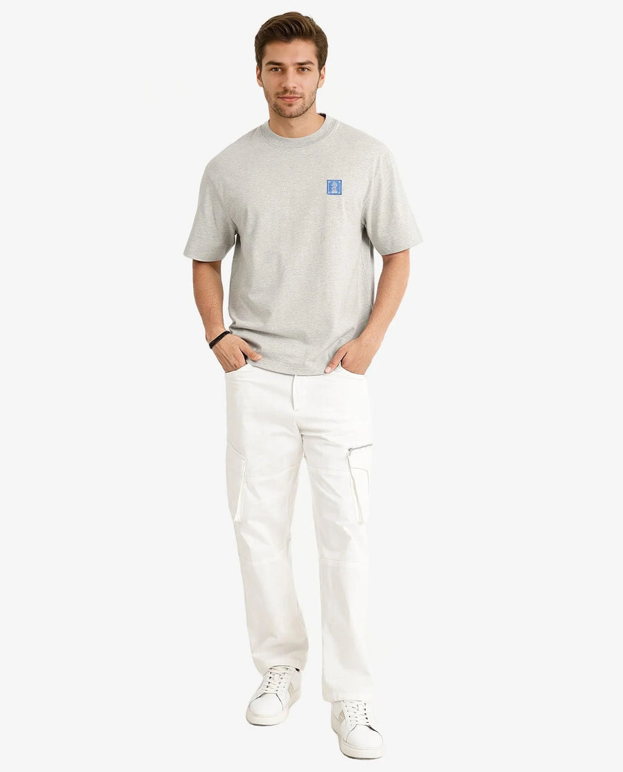 Rare Rabbit Men's Ight Melange Grey Cotton Graphic Print Oversized Fit Half Sleeve Crew Neck T-Shirt