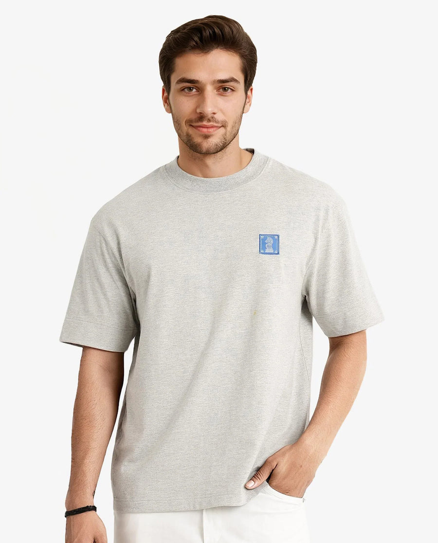 Rare Rabbit Men's Ight Melange Grey Cotton Graphic Print Oversized Fit Half Sleeve Crew Neck T-Shirt