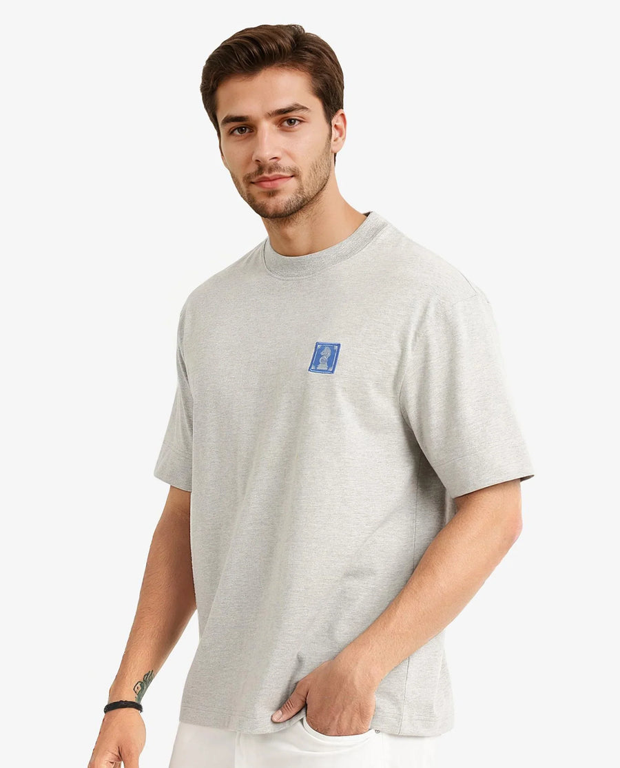 Rare Rabbit Men's Ight Melange Grey Cotton Graphic Print Oversized Fit Half Sleeve Crew Neck T-Shirt