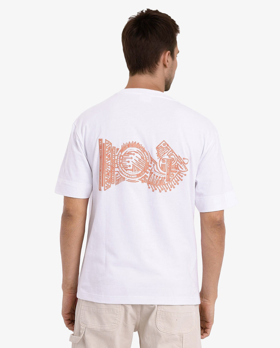 Rare Rabbit Men's Ight White Cotton Graphic Print Oversized Fit Half Sleeve Crew Neck T-Shirt
