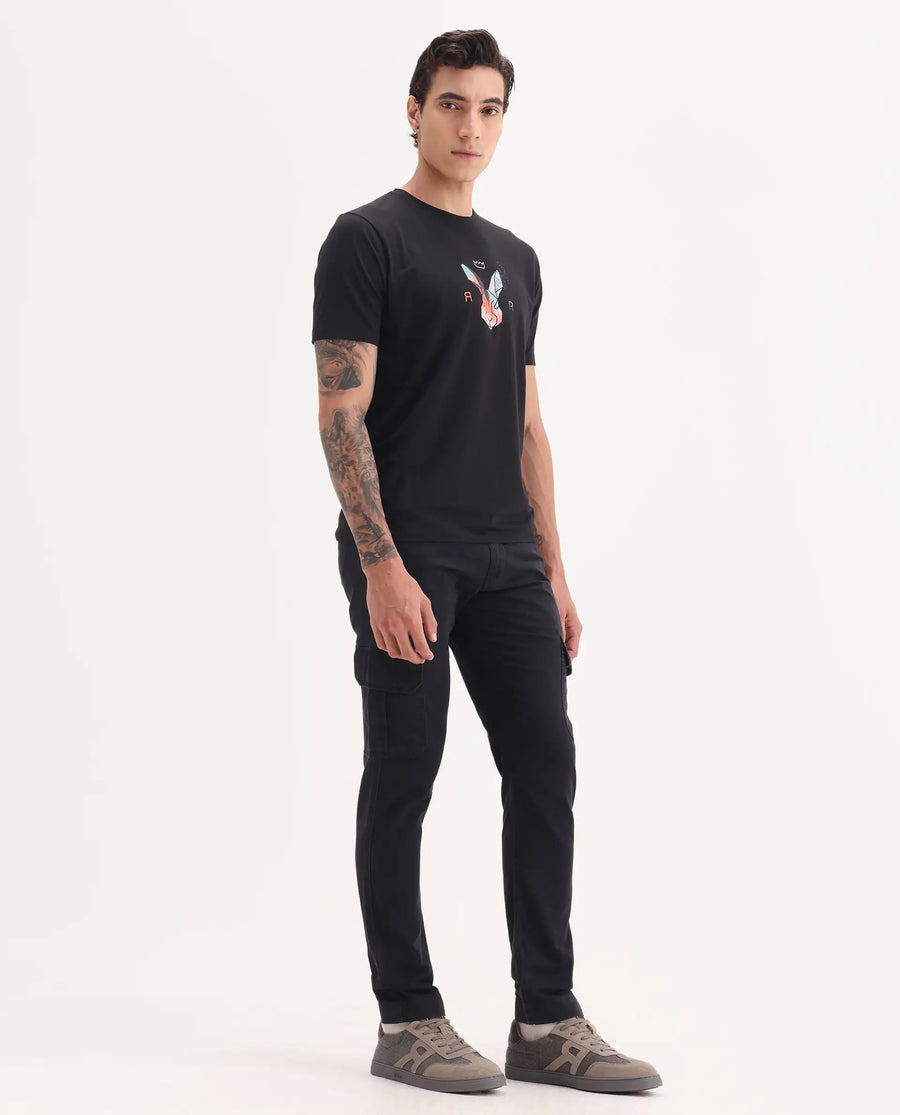 Rare Rabbit Men's Inbuil Black Cotton Plain Regular Fit Trouser
