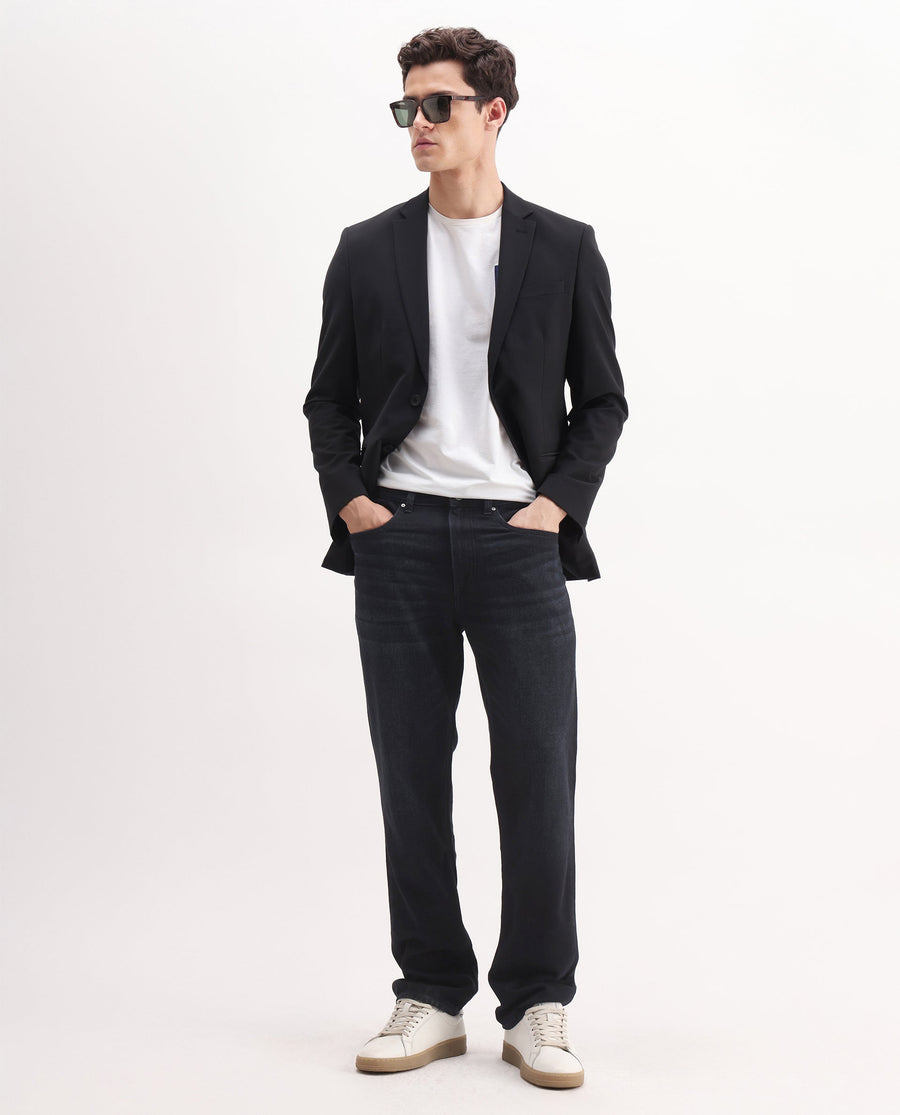 Rare Rabbit Men's Indy Dark Navy Cotton Blend Plain Morris Regular Fit Jeans