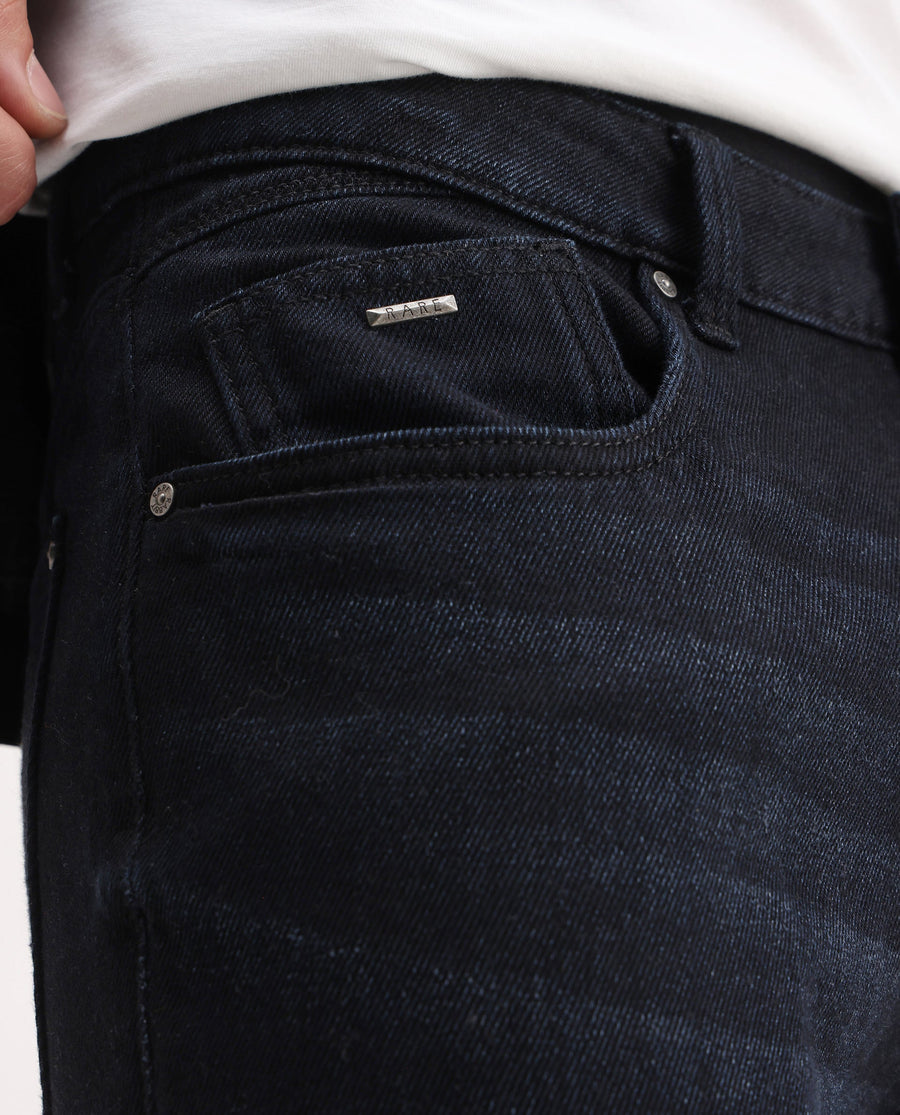 Rare Rabbit Men's Indy Dark Navy Cotton Blend Plain Morris Regular Fit Jeans