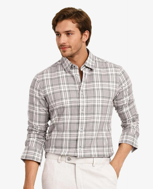 Rare Rabbit Men's Iris Beige Cotton Checked Print Regular Fit Full Sleeve Collared Shirt