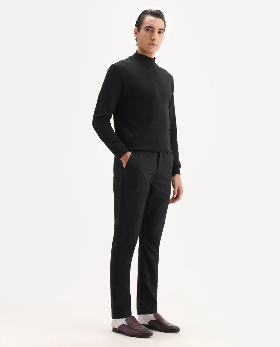Rare Rabbit Men's Ital Black Cotton Blend Plain Regular Fit Trouser
