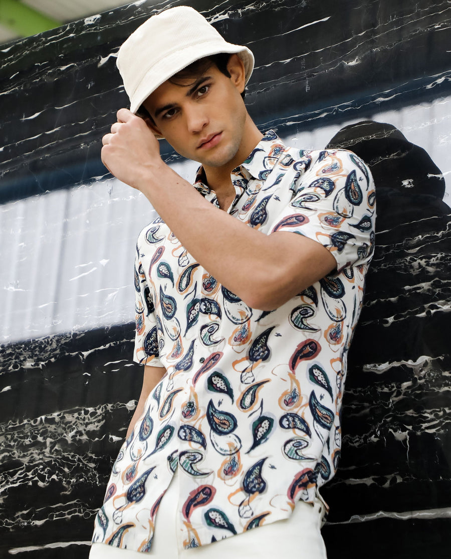 Rare Rabbit Men's Ivys Ss Beige Viscose Printed Regular Fit Half Sleeve Collared Shirt