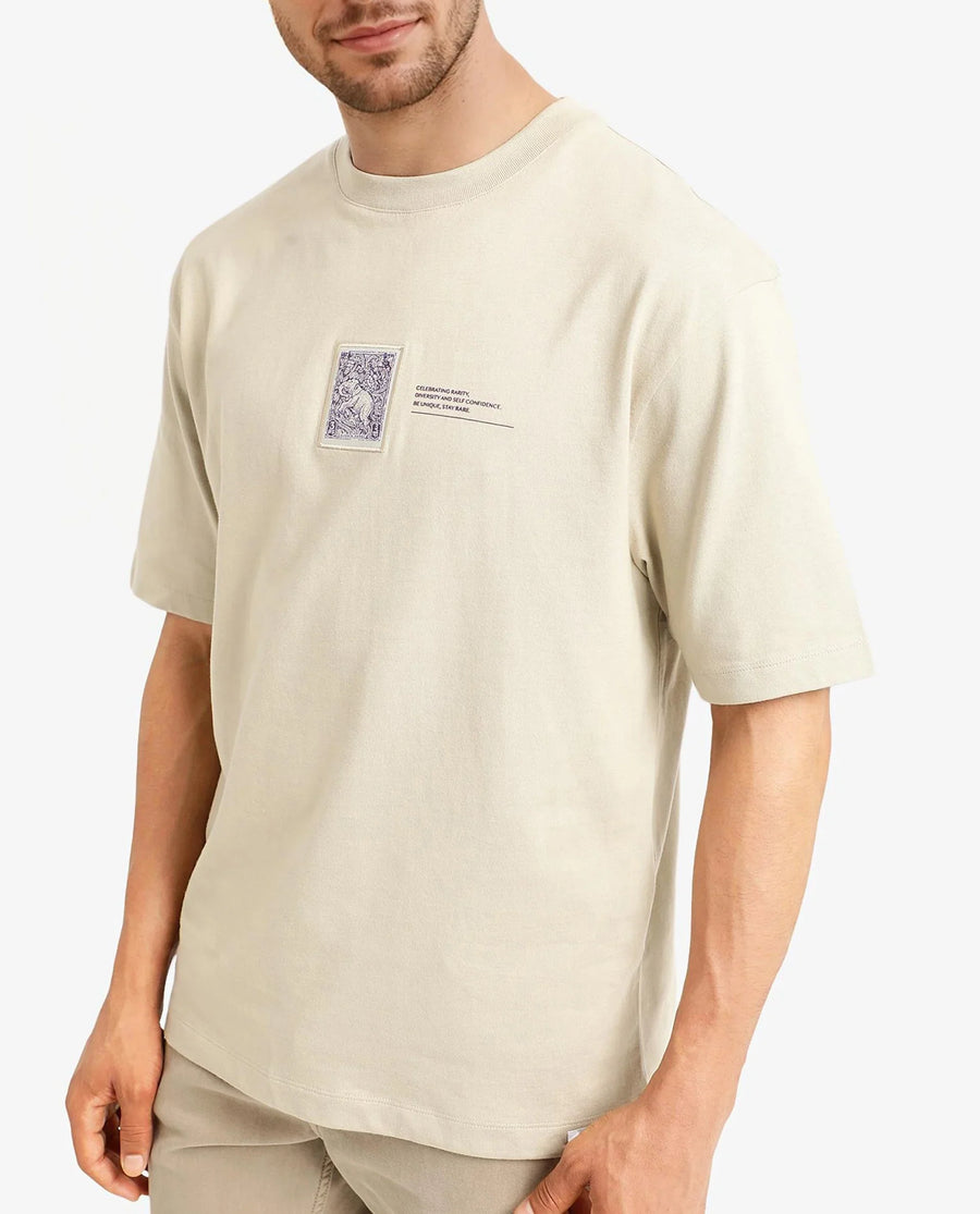 Rare Rabbit Men's Iylo Beige Cotton Graphic Print Oversized Fit Half Sleeve Crew Neck T-Shirt