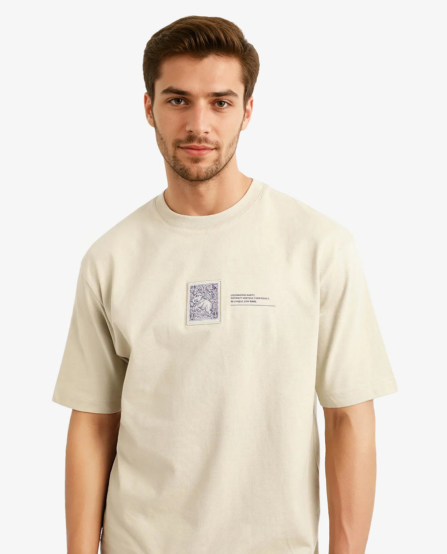 Rare Rabbit Men's Iylo Beige Cotton Graphic Print Oversized Fit Half Sleeve Crew Neck T-Shirt