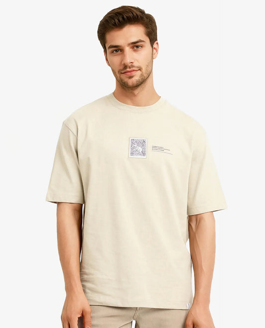 Rare Rabbit Men's Iylo Beige Cotton Graphic Print Oversized Fit Half Sleeve Crew Neck T-Shirt