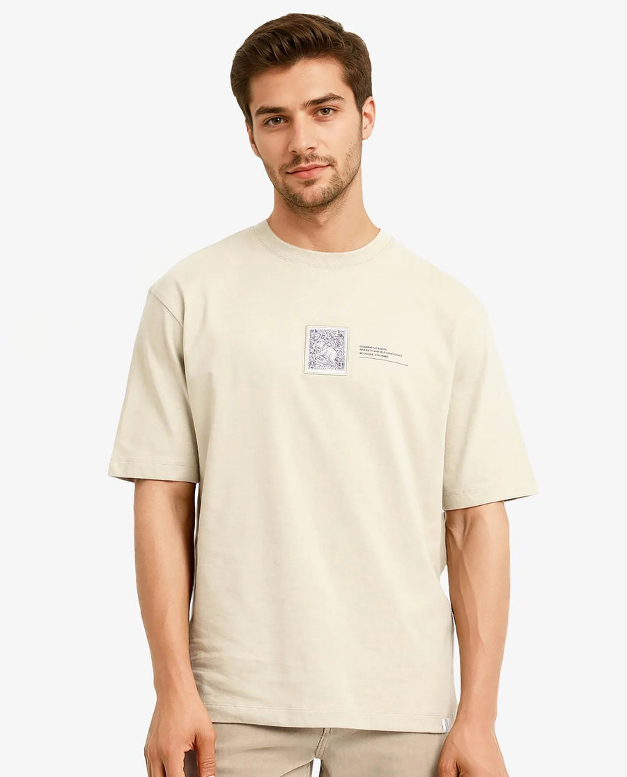 Rare Rabbit Men's Iylo Beige Cotton Graphic Print Oversized Fit Half Sleeve Crew Neck T-Shirt
