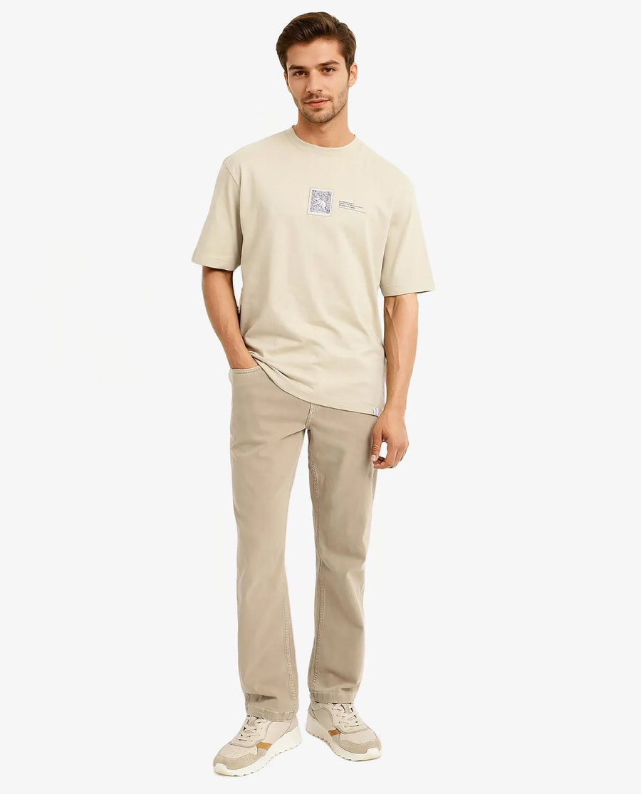 Rare Rabbit Men's Iylo Beige Cotton Graphic Print Oversized Fit Half Sleeve Crew Neck T-Shirt
