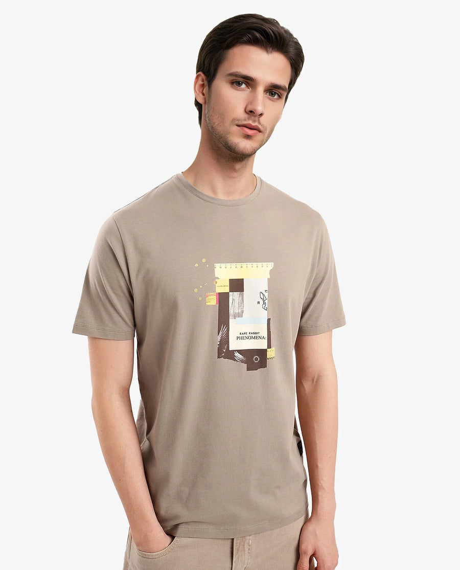 Rare Rabbit Men's Jaceb Dusky Green Cotton Blend Graphic Print Regular Fit Half Sleeve Crew Neck T-Shirt
