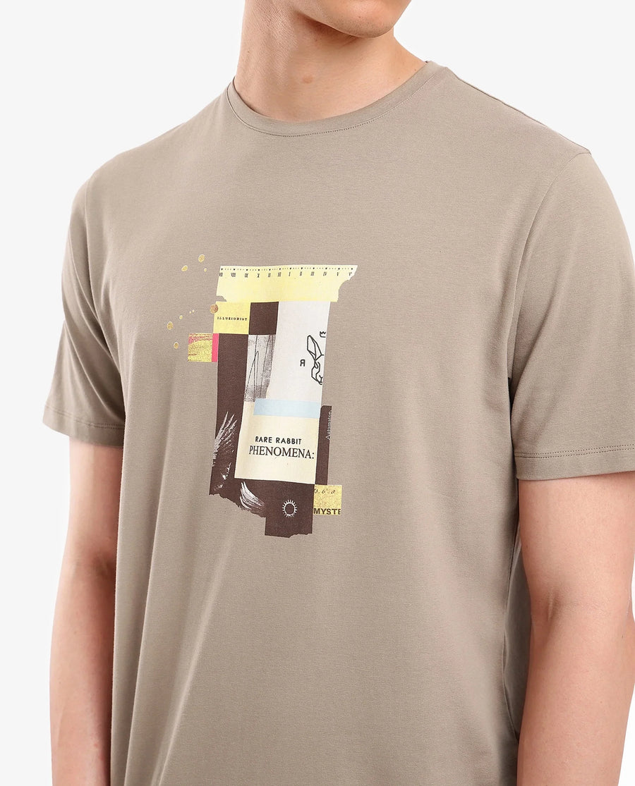 Rare Rabbit Men's Jaceb Dusky Green Cotton Blend Graphic Print Regular Fit Half Sleeve Crew Neck T-Shirt