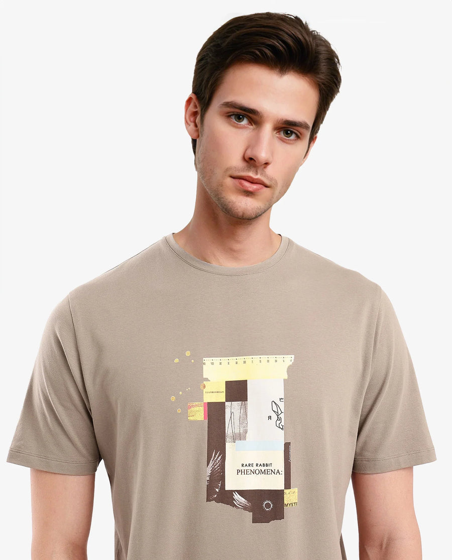 Rare Rabbit Men's Jaceb Dusky Green Cotton Blend Graphic Print Regular Fit Half Sleeve Crew Neck T-Shirt