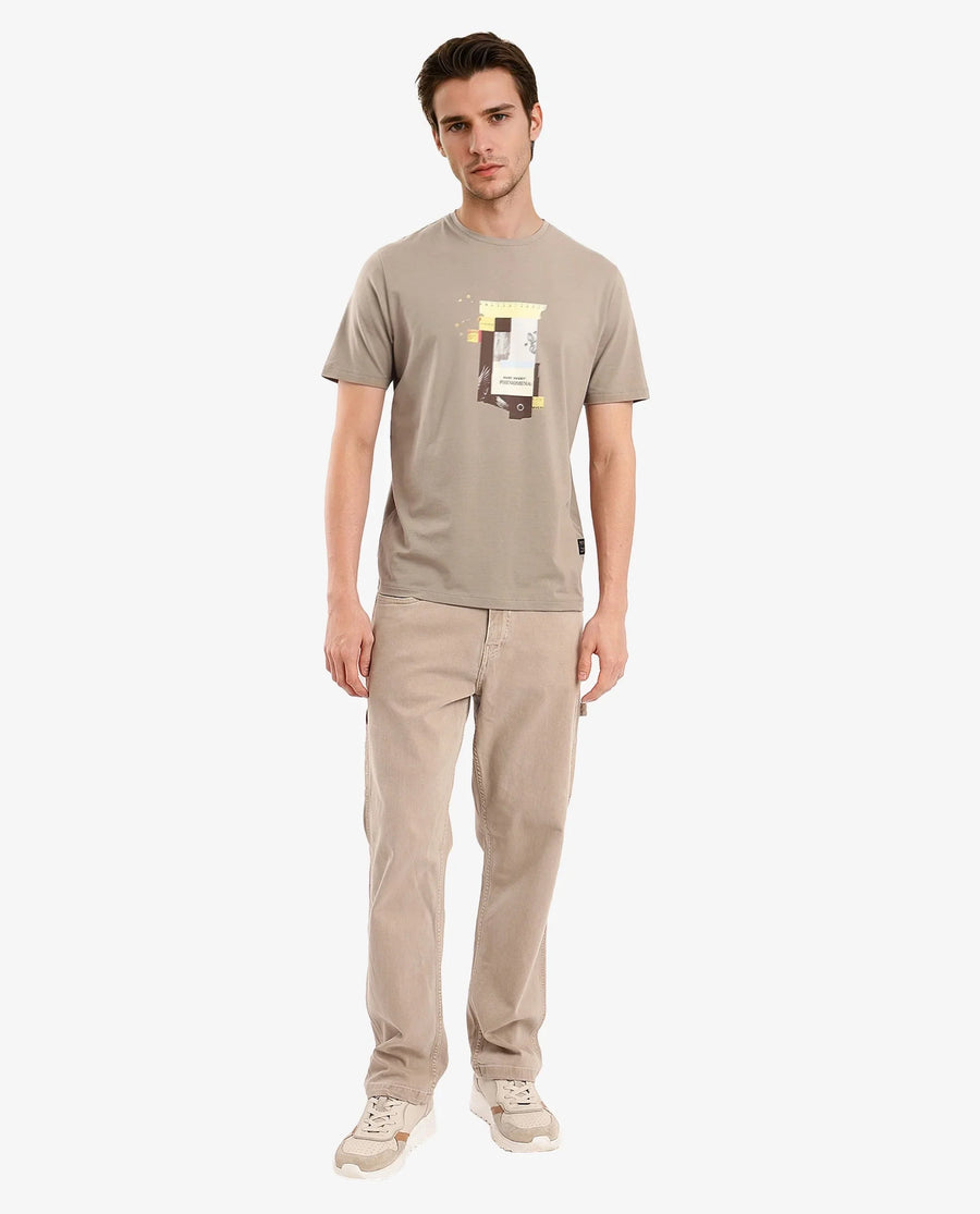 Rare Rabbit Men's Jaceb Dusky Green Cotton Blend Graphic Print Regular Fit Half Sleeve Crew Neck T-Shirt
