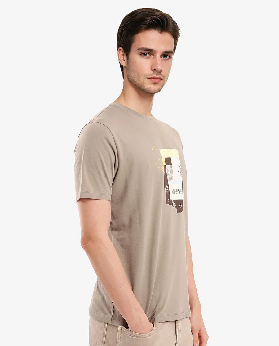 Rare Rabbit Men's Jaceb Dusky Green Cotton Blend Graphic Print Regular Fit Half Sleeve Crew Neck T-Shirt