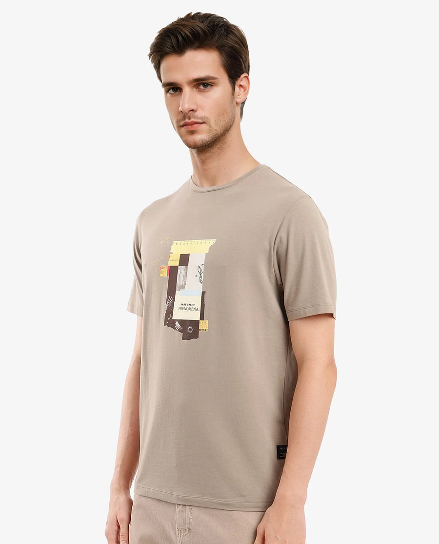 Rare Rabbit Men's Jaceb Dusky Green Cotton Blend Graphic Print Regular Fit Half Sleeve Crew Neck T-Shirt
