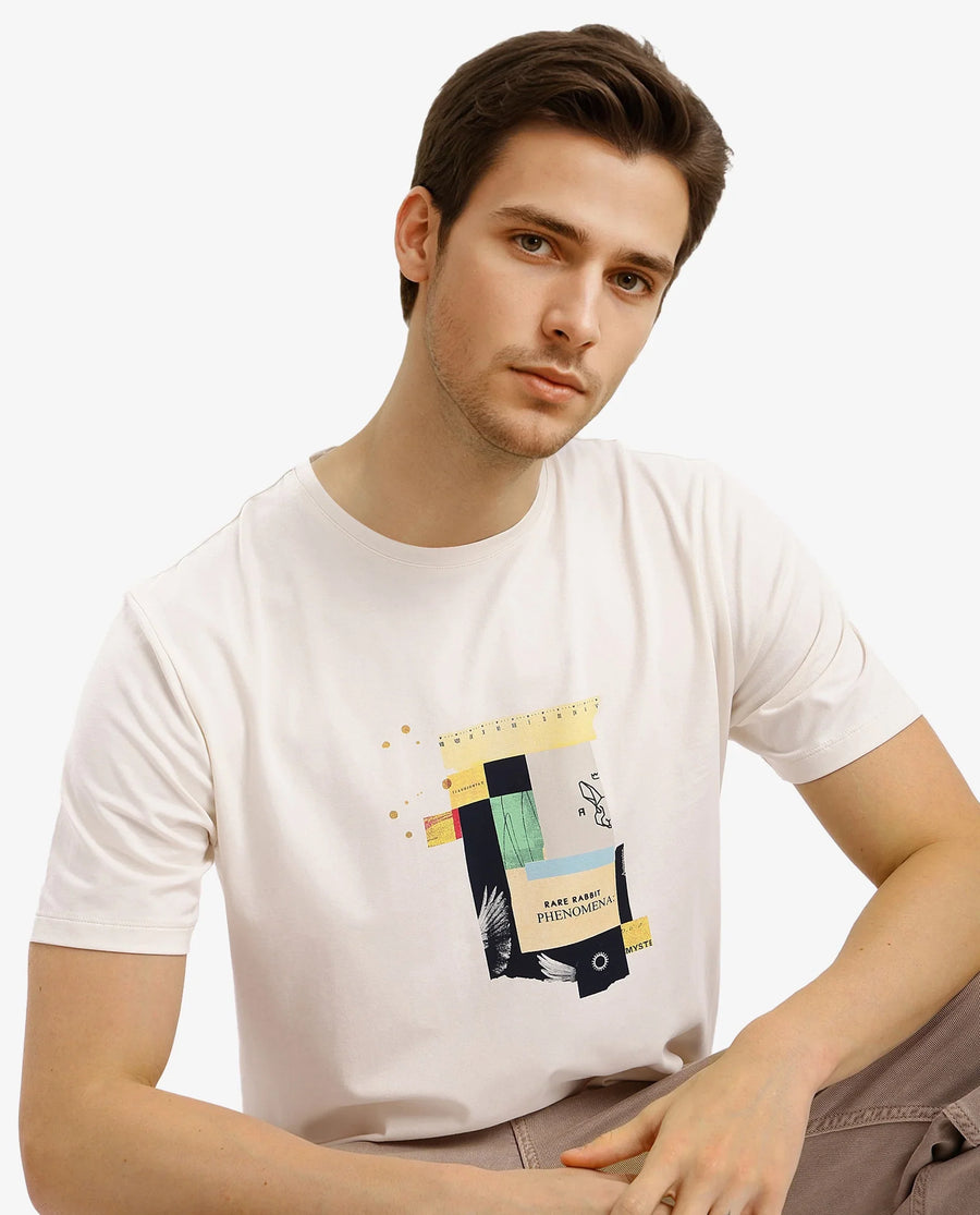 Rare Rabbit Men's Jaceb Off White Cotton Blend Graphic Print Regular Fit Half Sleeve Crew Neck T-Shirt