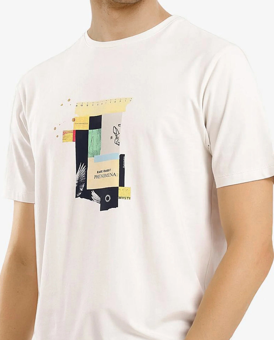 Rare Rabbit Men's Jaceb Off White Cotton Blend Graphic Print Regular Fit Half Sleeve Crew Neck T-Shirt