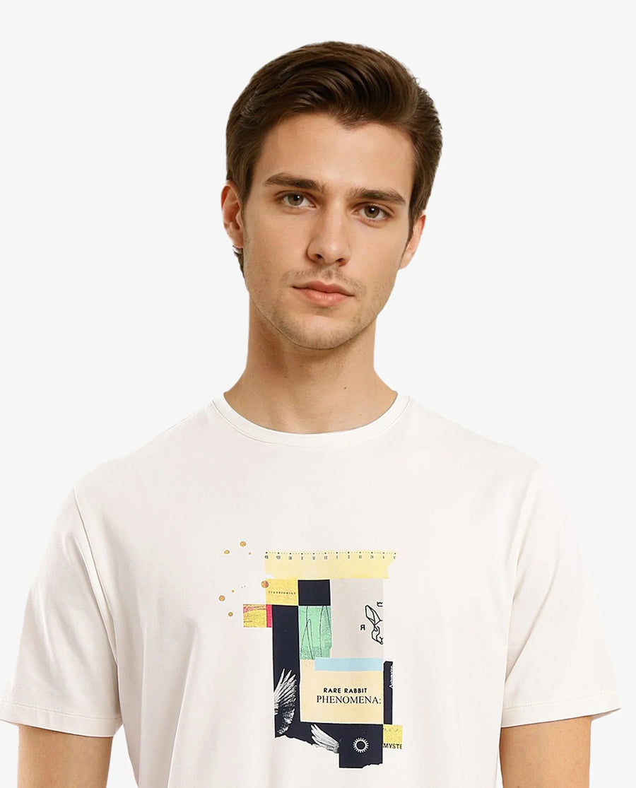 Rare Rabbit Men's Jaceb Off White Cotton Blend Graphic Print Regular Fit Half Sleeve Crew Neck T-Shirt