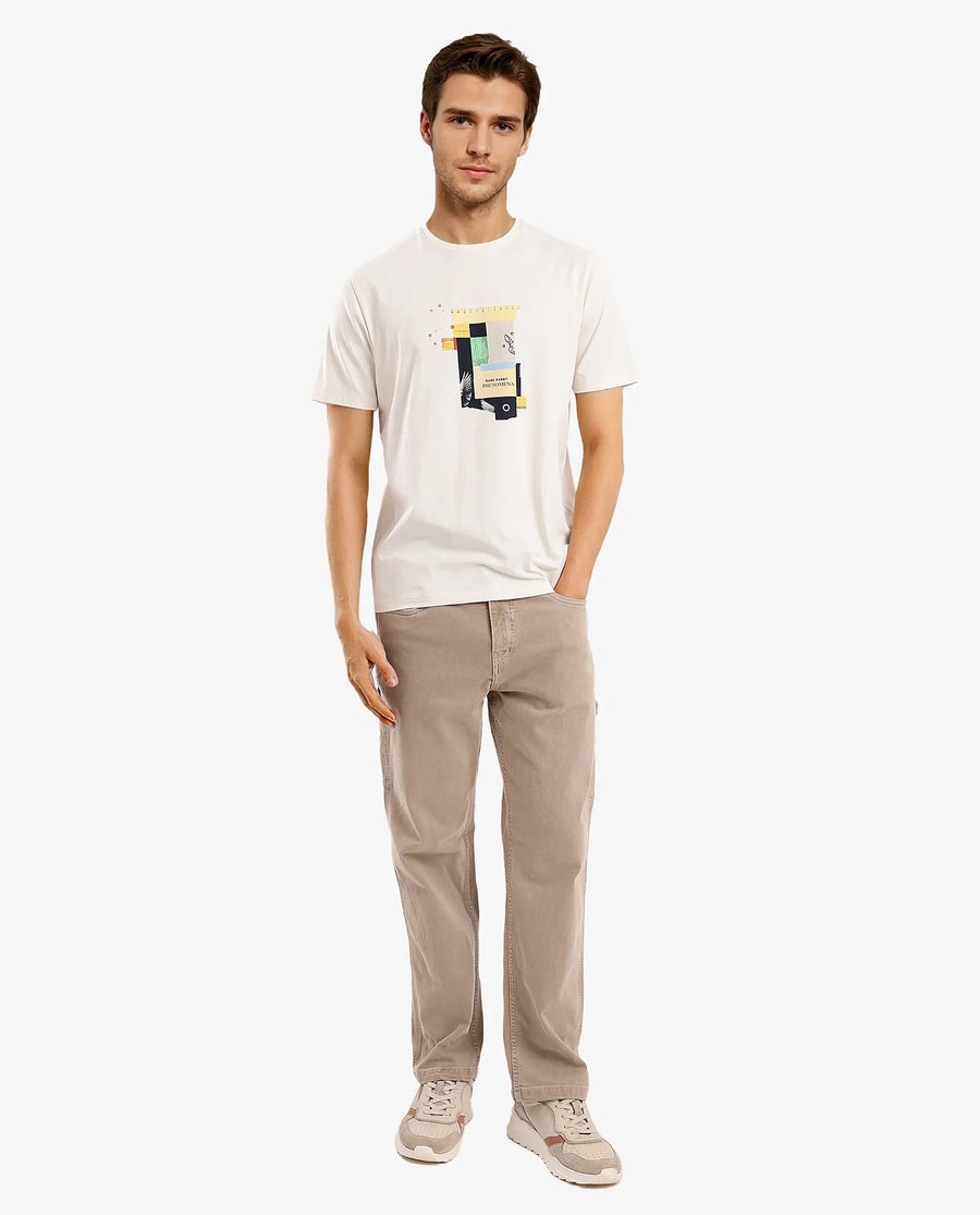 Rare Rabbit Men's Jaceb Off White Cotton Blend Graphic Print Regular Fit Half Sleeve Crew Neck T-Shirt