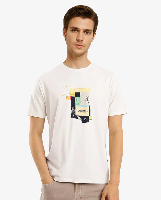 Rare Rabbit Men's Jaceb Off White Cotton Blend Graphic Print Regular Fit Half Sleeve Crew Neck T-Shirt
