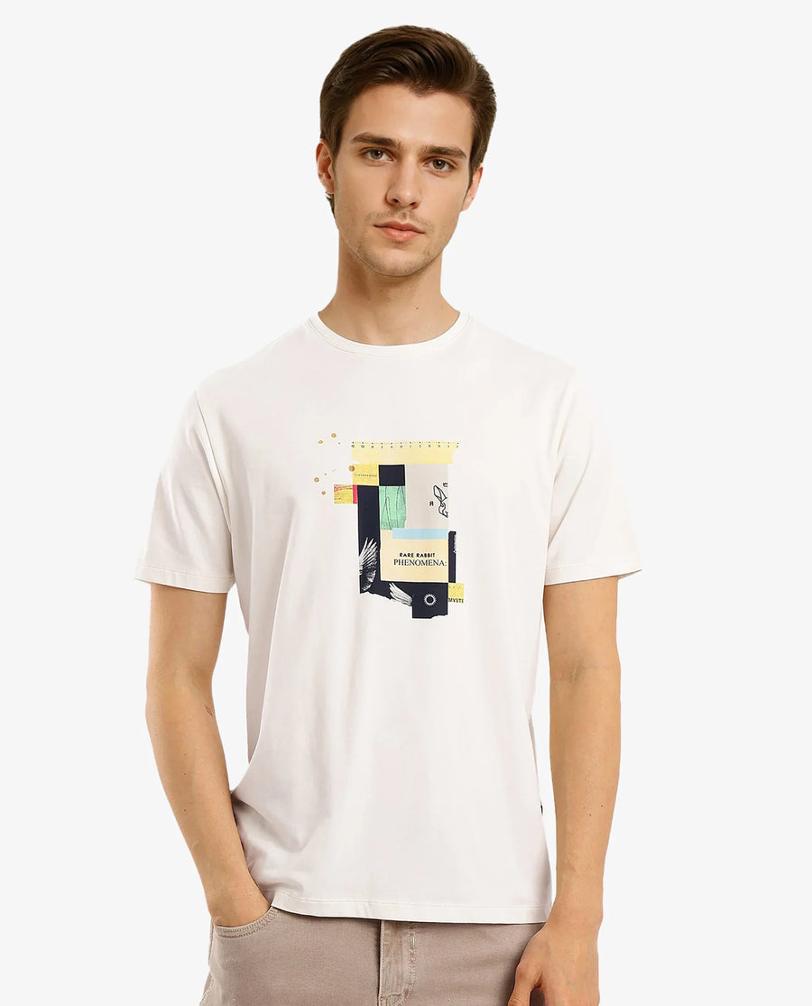 Rare Rabbit Men's Jaceb Off White Cotton Blend Graphic Print Regular Fit Half Sleeve Crew Neck T-Shirt